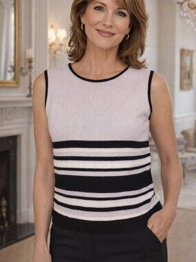 Vintage St John Striped Sweater Vest Women S  Pale Lavender, Black, White